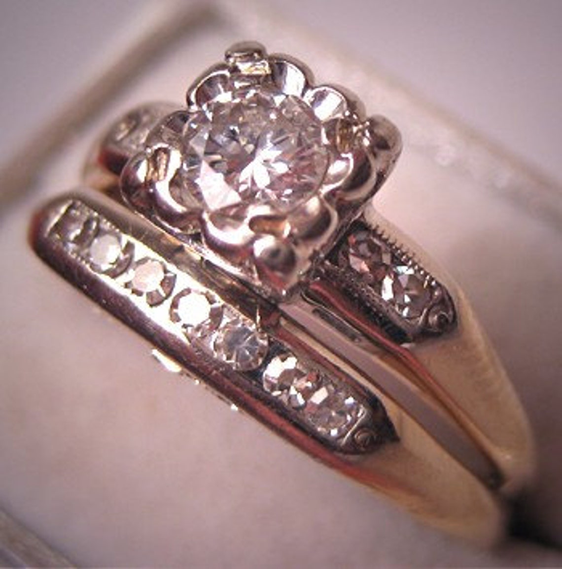 Antique Diamond Wedding Ring Set Vintage Art Deco 14K White | Etsy