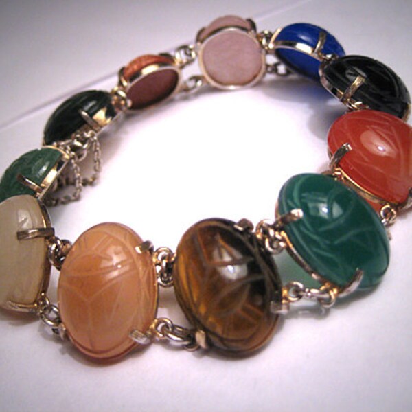 Antique Scarab Bracelet Jade Carnelian Egyptian Revival