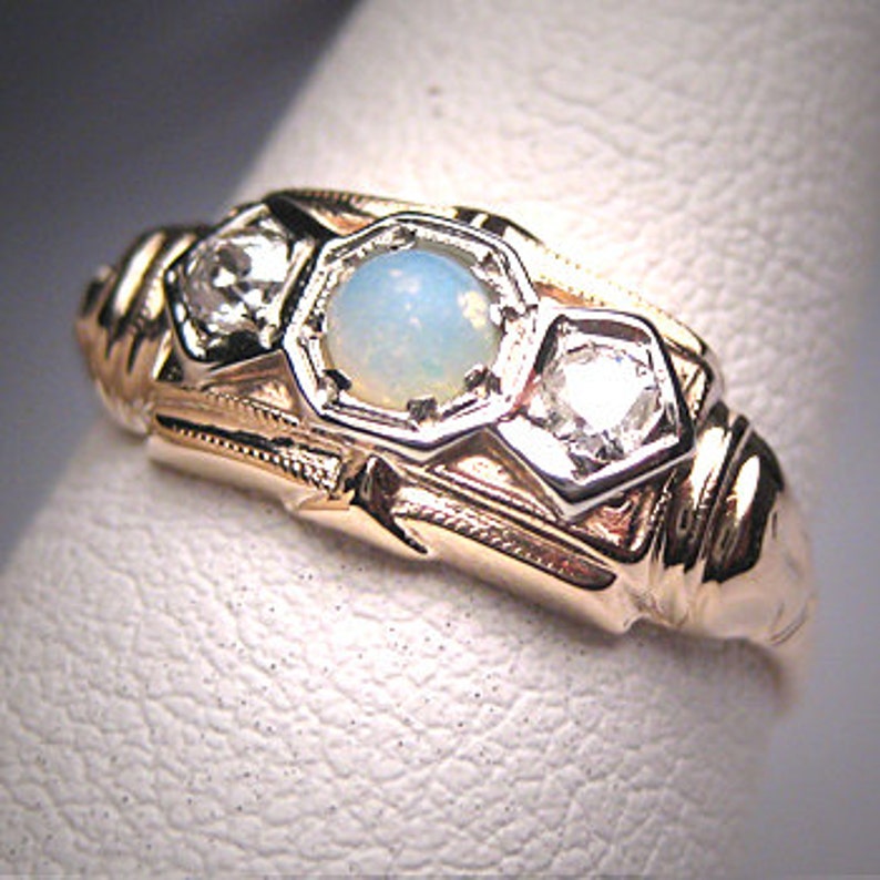 Antique Blue Opal Diamond Wedding Ring Band Art Deco 1920