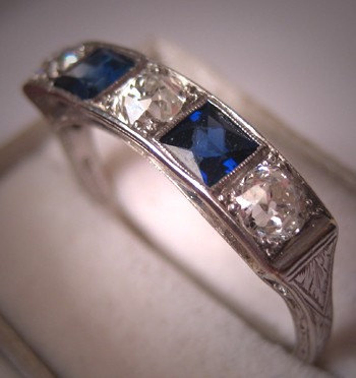 Antique Platinum Diamond Sapphire Wedding Ring Band Art