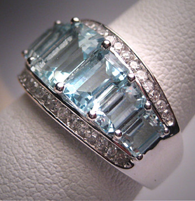 Vintage Aquamarine Diamond Wedding Ring Band White Gold