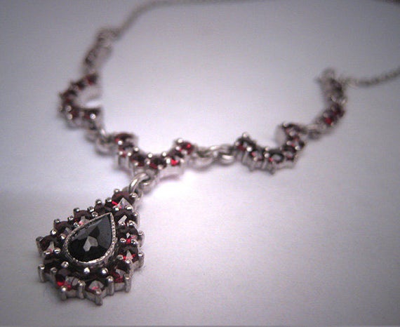 Vintage Garnet Necklace Victorian Drop Silver Euro