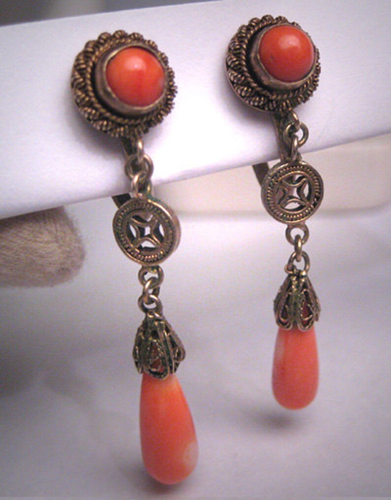 Antique Coral Drop Earrings Vintage Victorian Art Deco Gold Etsy