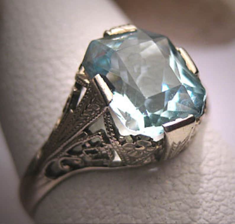 Antique Aquamarine Wedding Ring 18K Vintage Art Deco Etsy
