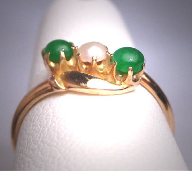 Antique Green Jade Pearl Ring Band Vintage Victorian 14K