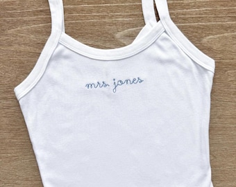 Custom Embroidered Bride Tank Top Last Name Custom Tee Bachelorette Party Bride Last Name Shirt Wedding Day Tank Top Getting Ready Top Bride