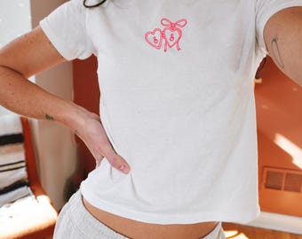 Coquette baby tee Embroidered tank top personalized locket Dainty Cute Bachelorette Party Shirt Vintage Aesthetic Wedding Bridal Gift Top