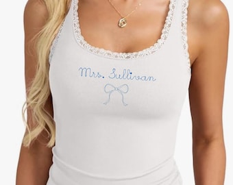 Custom Embroidered Bride Tank Top Last Name Custom Tee Bachelorette Party Bride Last Name Shirt Wedding Day Tank Top Getting Ready Top Bride