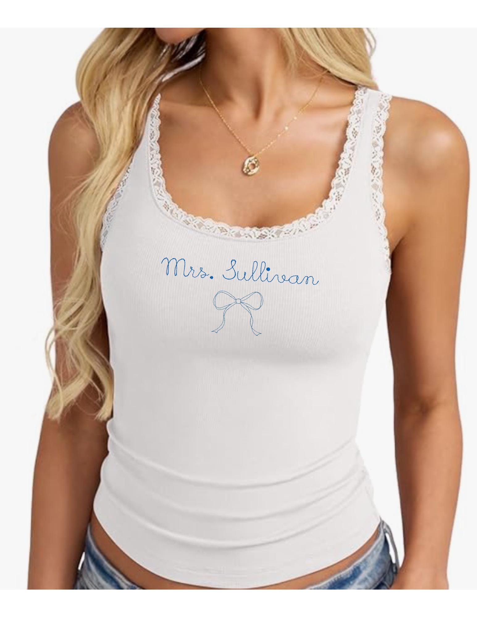 Custom Embroidered Bride Tank Top Last Name Custom Tee Bachelorette Party Bride Last Name Shirt Wedding Day Tank Top Getting Ready Top Bride