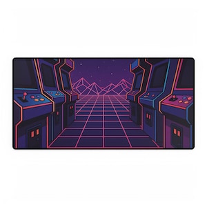 Alfombrilla de ratón retro arcade - Alfombrilla de escritorio para juegos de neón Vaporwave / Alfombrilla de ratón con estética Synthwave de los 80