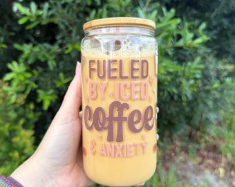 Snowglobe Glass Tumbler – 16oz Libbey Glass Can Cup with Coffee Solution | Fueled by Ice Coffee and Anxiety