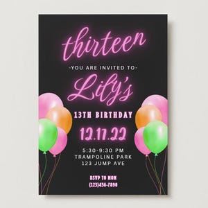 Editable Neon 13th Birthday Invitation Template | Digital Glow Party Invite for Teens | Canva Instant download