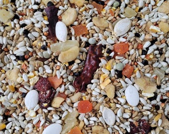 May include: A close-up view of a birdseed mix, featuring a variety of seeds, dried fruits, and vegetables. The mix includes white seeds, orange and red dried pieces, and other colorful components. The texture is varied, with a mix of shapes and sizes.