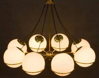 Opaline Glass Globe Chandelier: Italian Brass Sputnik Pendant Light