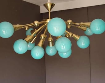 Handmade Chandelier Italian Design Turquoise Gold Murano Brass Sputnik Globe Flushmount Unique Luxury Lighting