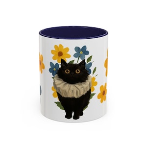 Floral Cat Coffee Mug | Cute Pet Lover Gift, Flower Mug, Black Cat Cup, Animal Lovers, Unique Drinkware