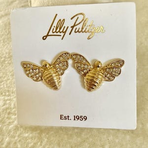 NWT! Lilly Pulitzer Bee Beautiful CRYSTAL PAVE Earrings goldtone Stud 7/8" L image 1