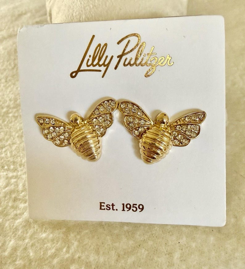 NWT! Lilly Pulitzer Bee Beautiful CRYSTAL PAVE Earrings goldtone Stud 7/8" L image 1