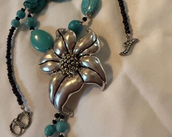 Lucky Brand Turquoise and Onyx Bead Silver-toned Flower Pendant