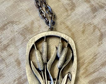 Vintage Pewter Cattail Pendant Necklace