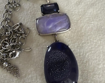 Chico's Necklace NWT Chunky Faux Purple Druzy Stones Pendant Brush Silver Chain