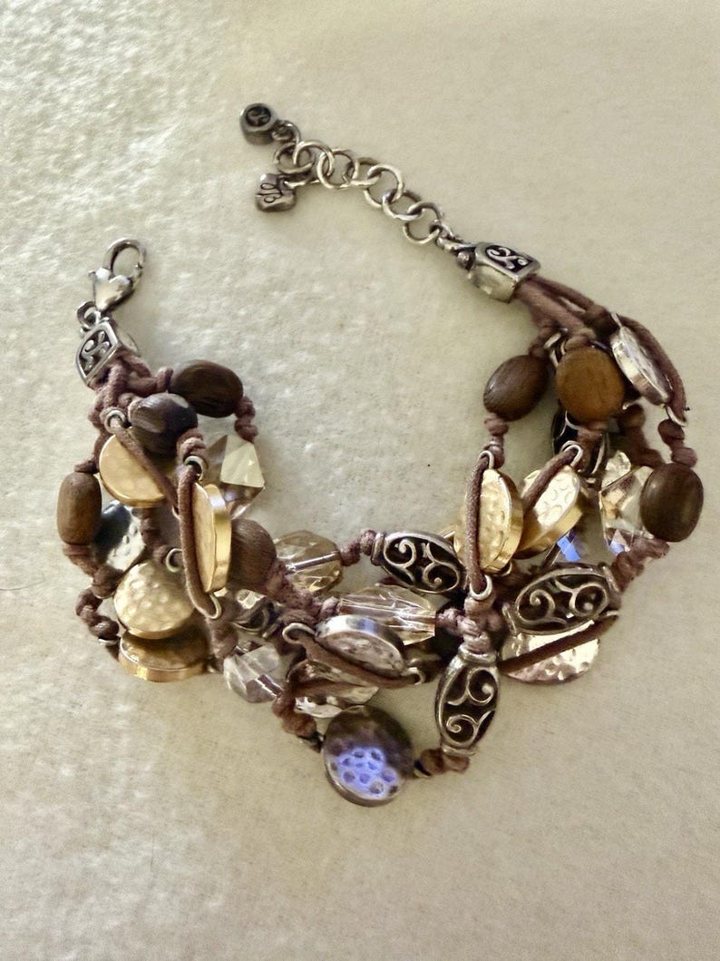 Brighton Riviera Multi Strand Cord Bracelet Wood Crystal Silver Gold image 1