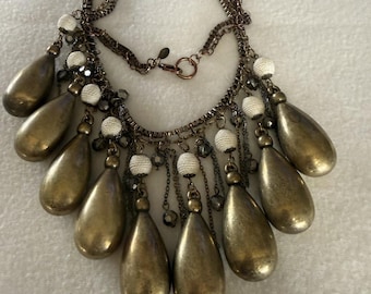 24" Chico's Chunky Brass Teardrop Dangle Statement Bib Necklace