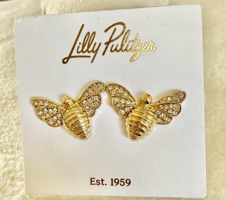 NWT! Lilly Pulitzer Bee Beautiful CRYSTAL PAVE Earrings goldtone Stud 7/8" L image 2