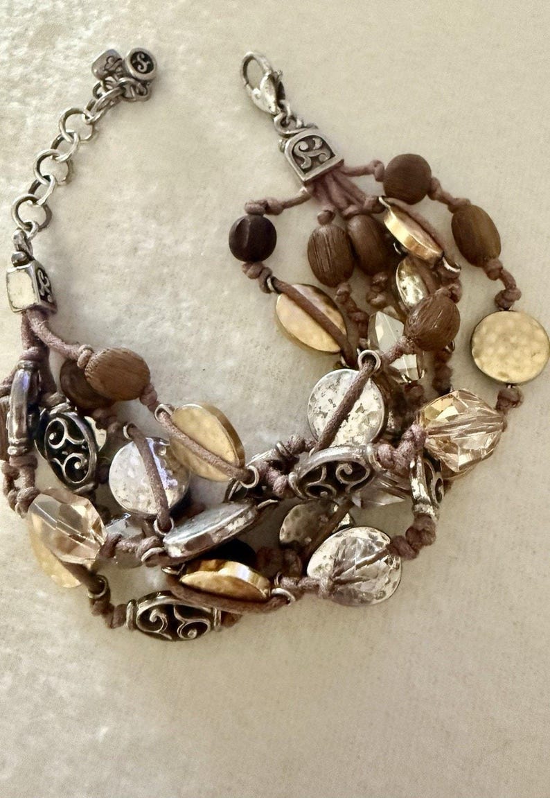 Brighton Riviera Multi Strand Cord Bracelet Wood Crystal Silver Gold image 2