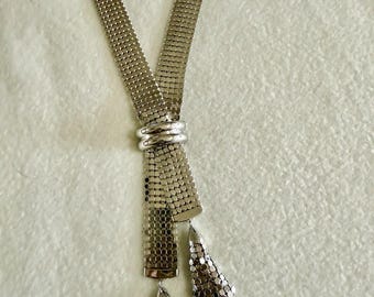 Silver Mesh Lariat Style Necklace with Tassels