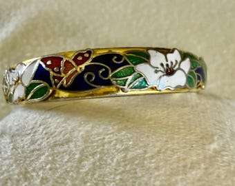 Vintage Cloisonne Cut Out Floral Bracelet with Safety Chain
