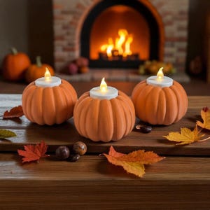 May include: Three orange pumpkin-shaped candle holders with flickering LED lights. The candle holders are on a wooden surface with autumn leaves and pumpkins in the background. A lit fireplace provides a warm glow.