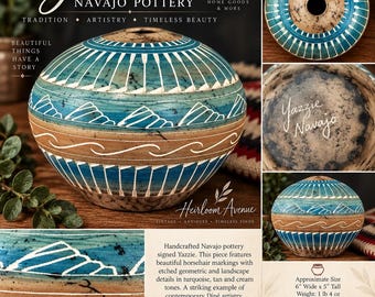 Poterie navajo signée Yazzie, fabriquée à la main, motif géométrique turquoise et crème, 15 cm