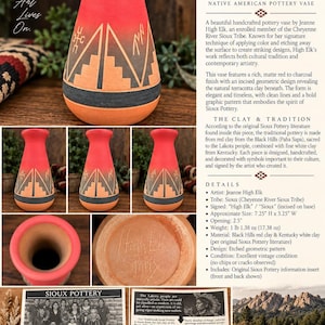 May include: A handcrafted Sioux pottery vase by Jeanne High Elk featuring a matte red to charcoal gradient finish. The vase displays an incised geometric pattern revealing natural terracotta clay, with a 2.5 inch opening and 7.25 inch height.