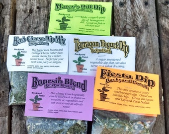 Dip Mix Collection Set of 5 dry HERB MIXES, hand-blended, home grown cooking herbs, dips, cheese spreads and dressings