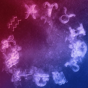 May include: A colorful illustration of the twelve zodiac signs arranged in a circle on a dark blue and pink background. The signs are depicted in a stylized, abstract manner, with each sign having a unique design.