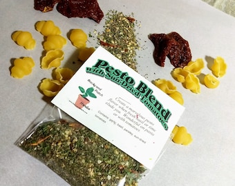 Pair of Pesto Blend with Sun-dried Tomatoes Herb Cooking Mix from Backyard Patch Herbs, recipes & tips, dry seasoning, no salt, gluten free