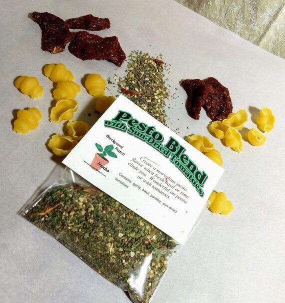 Pair of Pesto Blend with Sun-dried Tomatoes Herb Cooking Mix from Backyard Patch Herbs, recipes & tips, dry seasoning, no salt, gluten free