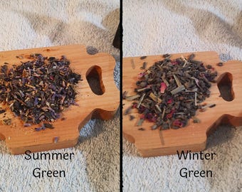 Green Tea for Summer and Winter, two blends for different seasons with appropriate seasonal herbs, lavender, hibiscus, rose, cardamon