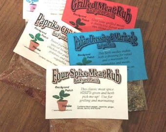 Rubs for Grilling made with dry Herb Cooking Mixes by The Backyard Patch - rosemary, paprika, cayenne