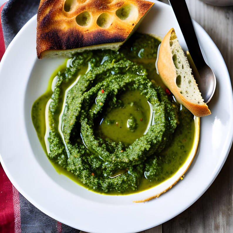 May include: A white bowl filled with a green pesto sauce, topped with a swirl of pesto and a few red pepper flakes. Two pieces of toasted bread are on the side of the bowl.