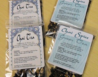 Chai Tea, both Green and Black Tea as base with spices and herbs, choose 1 of 3 flavors, cinnamon, nutmeg, holy basil, cardamom, coriander