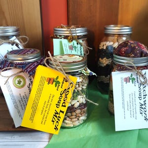 Jar Soup Mixes, Good Luck Soup, Patchwork Soup, Texas Two Step, Spicy Black Bean, 5 Bean Vegetable or Pasta Fazuul soup mix in a Mason Jar