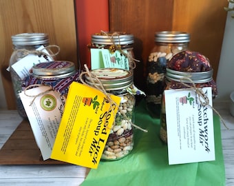 Jar Soup Mixes, Good Luck Soup, Patchwork Soup, Texas Two Step, Spicy Black Bean, 5 Bean Vegetable or Pasta Fazuul soup mix in a Mason Jar