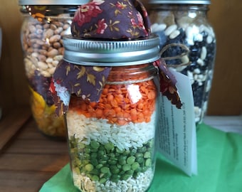 Mason Jar Soup Mix Heart and Harvest Soup, blends peas, barley, lentils and rice for a thick, quick-cook, winter dinner,  vegetarian or not