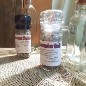 Gourmet Salt, Herbed Dry Salt Cooking Blend, in a grinder jar, Backyard Patch