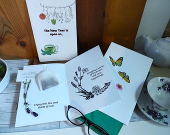 New Year Tea Greeting Card Set of 3: Floral Design, Includes Teabag