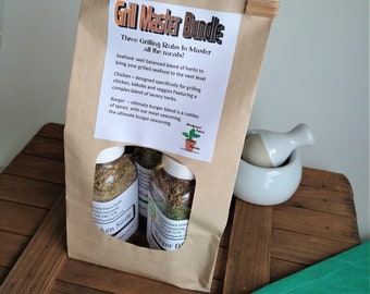 Grill Master Bundle of Herb Seasonings, Set of three Jars Salt-Free Herb and Spice Dry Cooking Blends for chicken, burgers and seafood