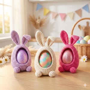 Pode incluir: Três suportes de ovos de Páscoa de crochê em forma de coelhos. Os suportes são em lavanda, creme e rosa, cada um segurando um ovo brilhante. As orelhas de coelho estão em pé e os ovos são visíveis.