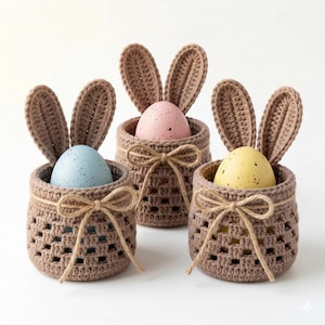 Puede incluir: Tres cestas de ganchillo marrones con orejas de conejo, cada una con un huevo moteado. Los huevos son de color azul pastel, rosa y amarillo. Cada cesta tiene un lazo de yute. Las cestas están sobre un fondo blanco.